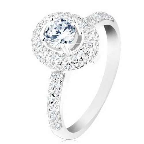 Prsten ze stříbra 925, lesklá ramena, kulatý čirý zirkon, třpytivý oválný lem - Velikost: 50