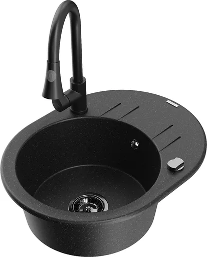 MEXEN/S Kevin granitový dřez 1 s odkapávačem včetně baterie Elia, černá/stříbrná metalik 6517-73-670101-70-B