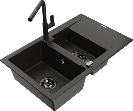 MEXEN/S Gaspar granitový dřez 1.5 s odkapávačem včetně baterie Flora, černá/zlatá 6507-75-670401-70-B