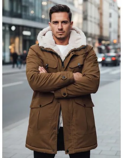 Pánská zimní bunda parka s kapucí, tmavě béžová