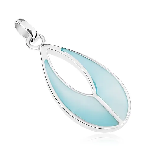 Přívěsek ze stříbra 925, slza s výřezem, světle modrá perleť, stříbrný lem
