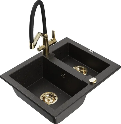MEXEN/S Carlos granitový dřez 1.5 včetně baterie Duo, černá/zlatá metalik 6518-75-671701-57-G