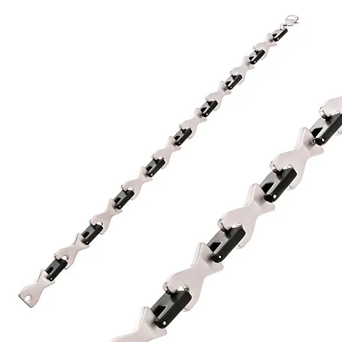 Náramek z oceli 316L, lesklé a matné články černé a stříbrné barvy