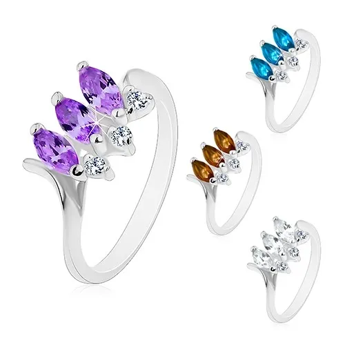 Prsten stříbrné barvy, tři barevná broušená zrnka, lesklá zahnutá ramena - Velikost: 48, Barva: Čirá