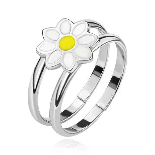 Stříbrný prsten 925 - zdvojené kruhy s kopretinkou, nastavitelný