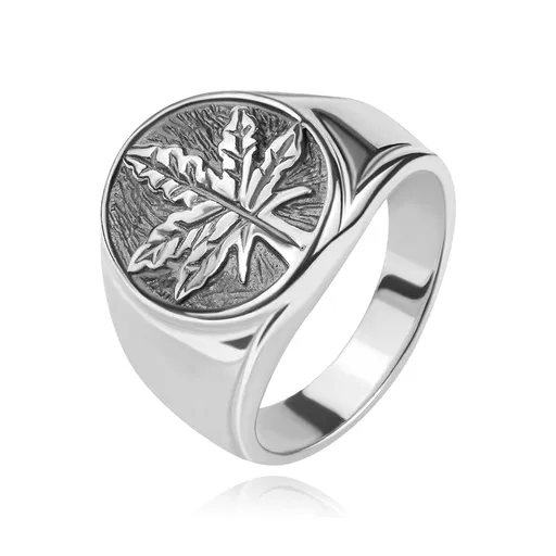 Mohutný stříbrný 925 prsten - marihuanový list v kruhu s patinou - Velikost: 59