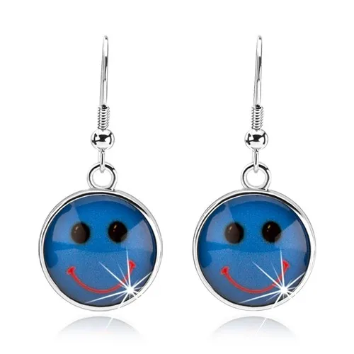 Cabochon náušnice, glazura, smajlík na modrém podkladu, afro háčky