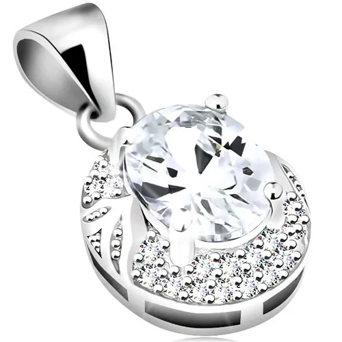 Přívěsek ze stříbra 925, blýskavý zirkonový ovál, čirý lem, lesklé lístky
