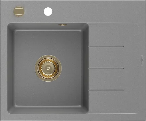 MEXEN/S Ben granitový dřez 1 s odkapávačem levý 600 x 500 mm, šedý, sifon zlatá  6522605000-71-G