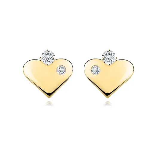 Náušnice ze 14K žlutého zlata - silueta srdce, kulaté zirkony, puzetky
