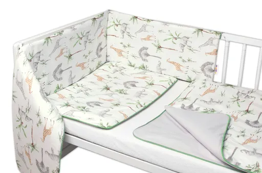 Baby Nellys 3-dílná sada mantinel s povlečením Safari - bílá s potiskem/zelená, 135x100 cm