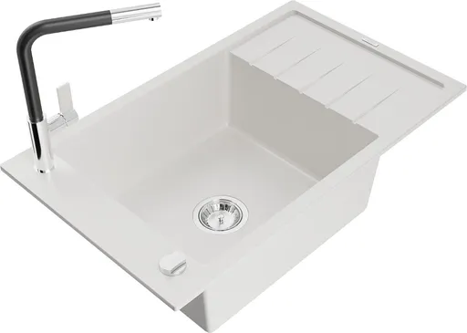 MEXEN/S Elias granitový dřez 1 s odkapávačem včetně baterie Flora, bílá 6511-20-670401-07