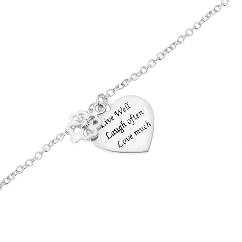 Stříbrný náramek 925, čtyřlístek se zirkonem, ploché srdce s nápisem