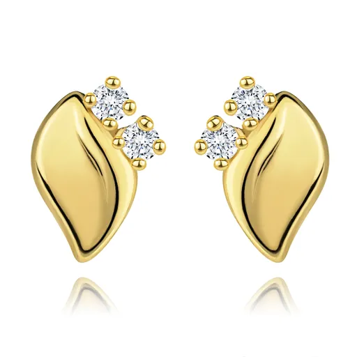 Diamantové náušnice ze žlutého 14K zlata - dva čiré brilianty, lesklý lísteček