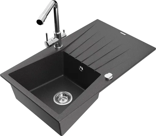MEXEN/S Cesar granitový dřez s odkapávačem včetně baterie Duero, černá kropenatá 6514-76-671600-00