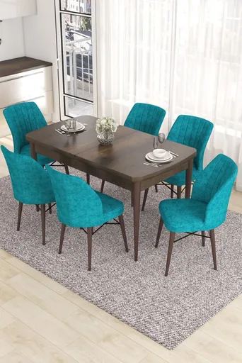 Extendable Dining Table & Chairs Set (7 Pieces) Eva - Baroque, Turquoise