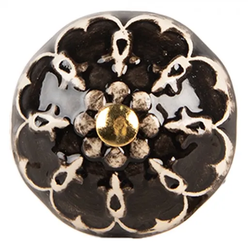 Černá keramická knopka s ornamenty - Ø 4*3 cm / S3 cm Clayre & Eef