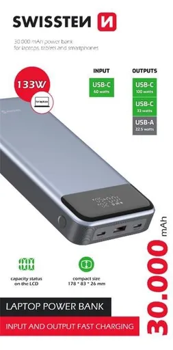 SWISSTEN POWER BANK 30000 mAh 133W POWER DELIVERY GREY