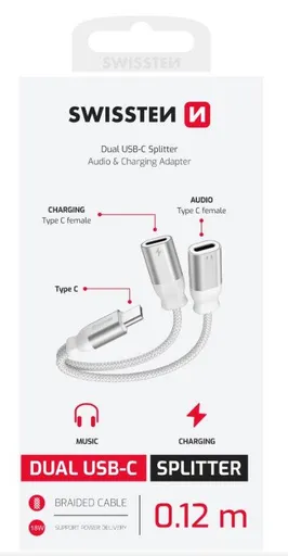 SWISSTEN NABÍJECÍ AUDIO ADAPTÉR TEXTILE USB-C (samec) / 2x USB-C (samice) 0,12 M BÍLÝ