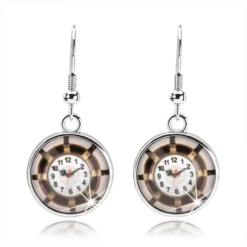 Náušnice kabošon, vypouklá glazura, obrázek - hodinky, hnědý lem, paprsky