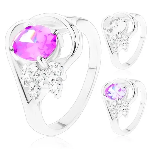 Prsten se zahnutými rameny, velký oválný zirkon, lesklý oblouk, čiré zirkonky - Velikost: 49, Barva: Čirá