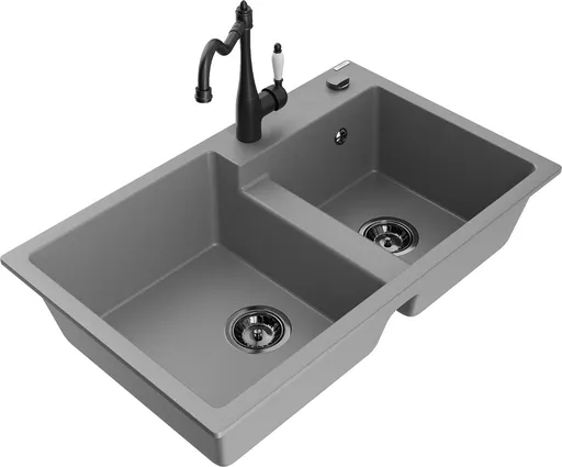 MEXEN/S Tomas granitový dřez 2-bowl včetně baterie Carla, šedá 6516-71-670700-70-B