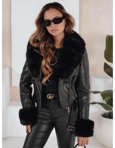 Dámská zimní koženková bunda s kožešinou, černá