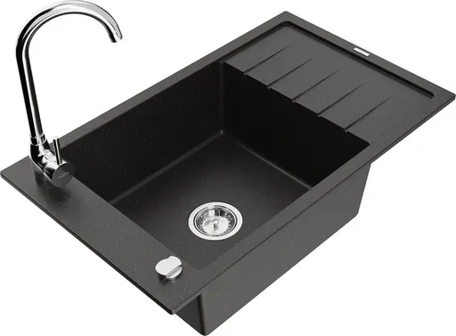 MEXEN/S Elias granitový dřez s odkapávačem včetně baterie Telma, černá/zlatá 6511-75-670200-00