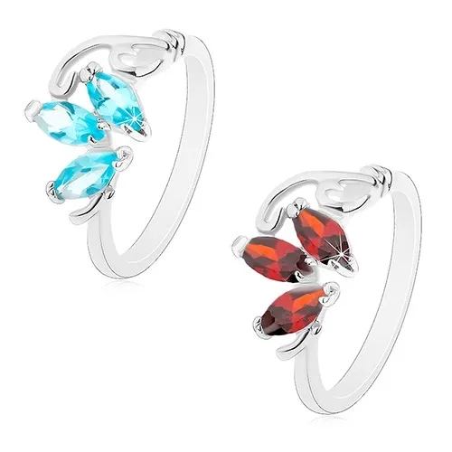 Prsten ve stříbrném odstínu, tři broušená zrnka, tenké zahnuté linie - Velikost: 52, Barva: Světle modrá