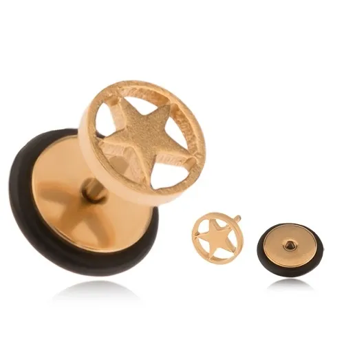 Ocelový fake plug zlaté barvy, hvězda v kruhu