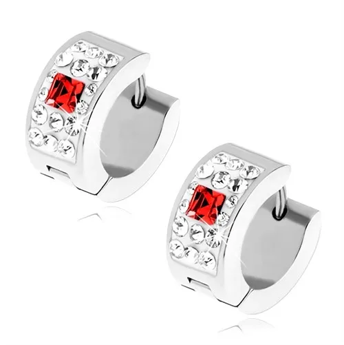 Náušnice z oceli stříbrné barvy, čiré kamínky, červený zirkonový čtverec