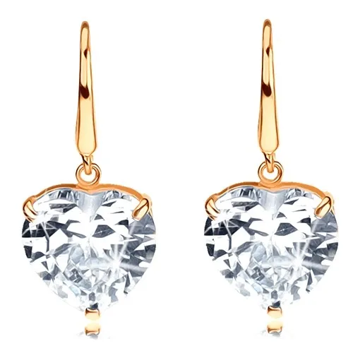 Náušnice ve žlutém 14K zlatě - čiré zirkonové srdíčko visící na háčku