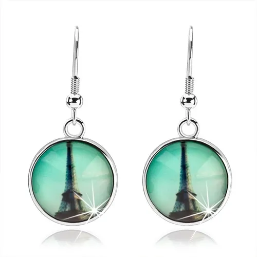 Cabochon náušnice visící na afro háčcích, Eiffelovka, zelenomodré pozadí