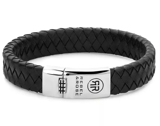 Rebel&Rose Černý kožený náramek Braided Flat 925 Black RR-L00141-S 21,5 cm