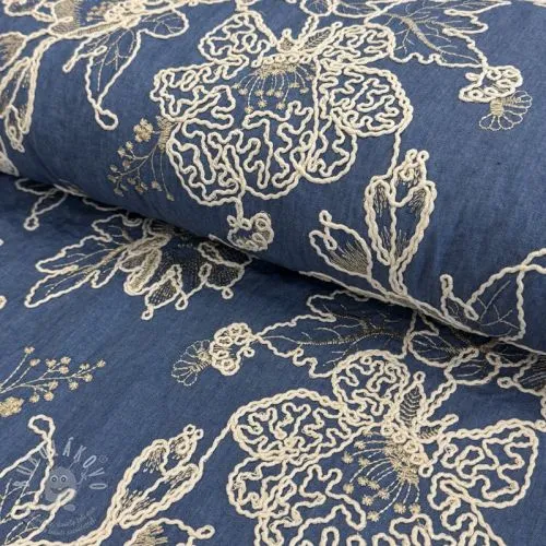 Bavlněná látka JEANS EMBROIDERY Bouquet blue