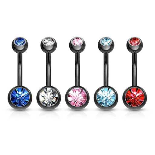 Piercing do bříška z oceli 316L - banánek černé barvy, barevné zirkony, délka 10 mm - Barva zirkonu: Aqua modrá - Q
