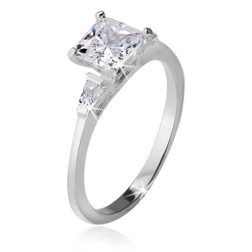 Prsten ze stříbra 925, čtvercový kamínek, dva trojúhelníkové zirkony - Velikost: 49