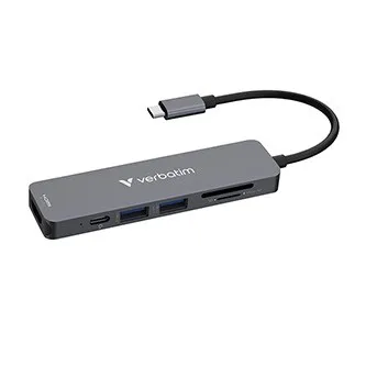 Verbatim 32156, USB-C víceportový rozbočovač Essentials 6-port, 32156, šedý, délka kabelu 18cm, USB-C PD, USB-A 3.2 Gen 1, USB-A 2.0, SD