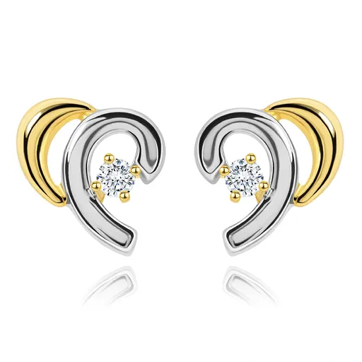 Náušnice z kombinovaného 14K zlata - rozpůlené srdíčko se zirkonem