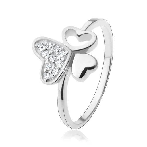 Stříbrný prsten 925, tři různá srdíčka, zirkony čiré barvy - Velikost: 54