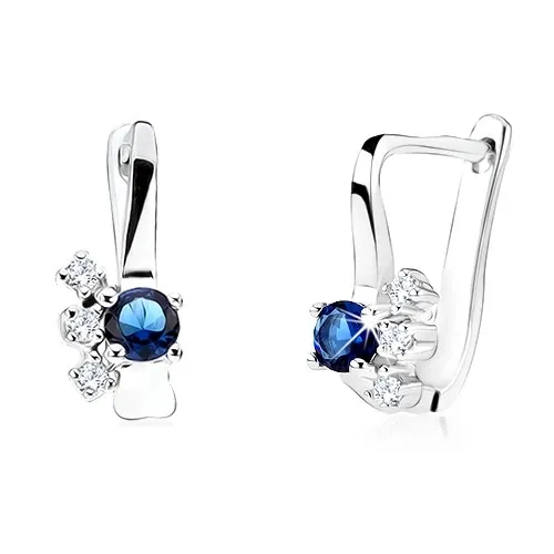 Náušnice s kulatým tmavě modrým zirkonem, čiré zirkonky, stříbro 925