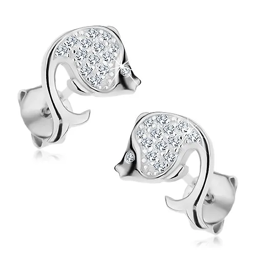 Náušnice ze stříbra 925, blýskavá rybka se zahnutým ocasem a čirými zirkony