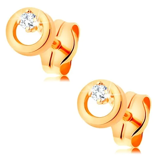 Náušnice ze žlutého zlata 585 - zářivý čirý diamant v malém lesklém kroužku