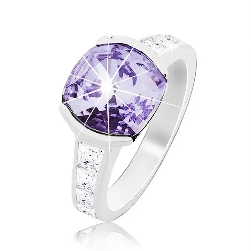 Prsten ze stříbra 925, blýskavý fialový zirkon, zdobená ramena - Velikost: 64