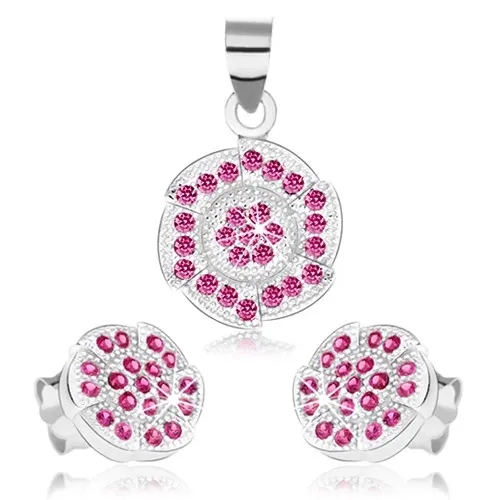 Sada náušnic a přívěsku, stříbro 925, kruh se zářezy, růžové zirkonky