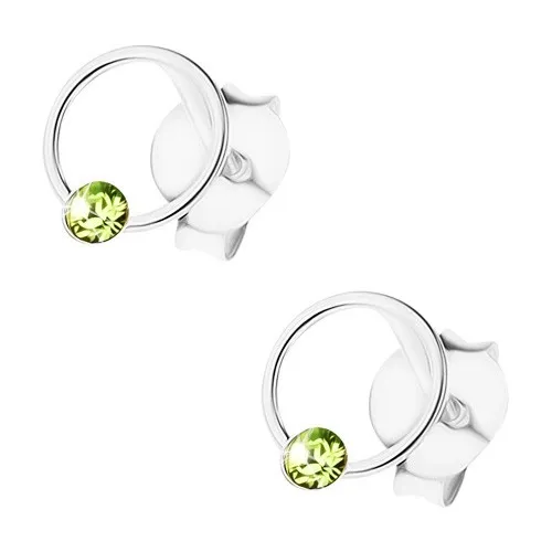 Stříbrné 925 náušnice, puzetky, kroužek, světle zelený krystalek Swarovski