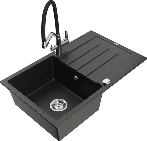 MEXEN/S Bruno granitový dřez s odkapávačem včetně baterie Duo, černá/zlatá metalik 6513-75-671701-07