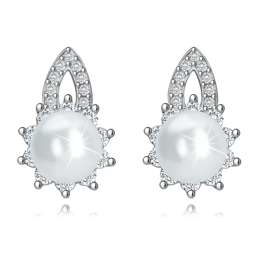 Náušnice ze stříbra 925 - květina, bílá kultivovaná perla, čirý zirkon