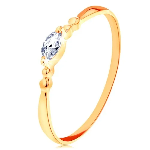 Prsten ve žlutém 14K zlatě - čiré zirkonové zrnko, kuličky po stranách - Velikost: 62