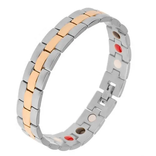 Magnetický ocelový náramek stříbrné a zlaté barvy, matné a lesklé proužky